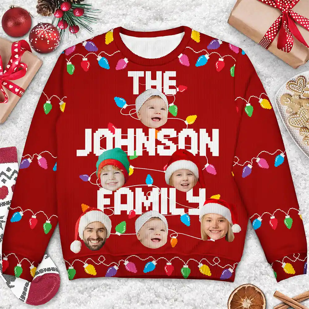 Custom Photo Christmas Light Family Name - Personalized Unisex Ugly Sweater