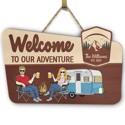 Camping Couple Welcome To Our Adventure - Personalized Custom Shaped Wood Sign