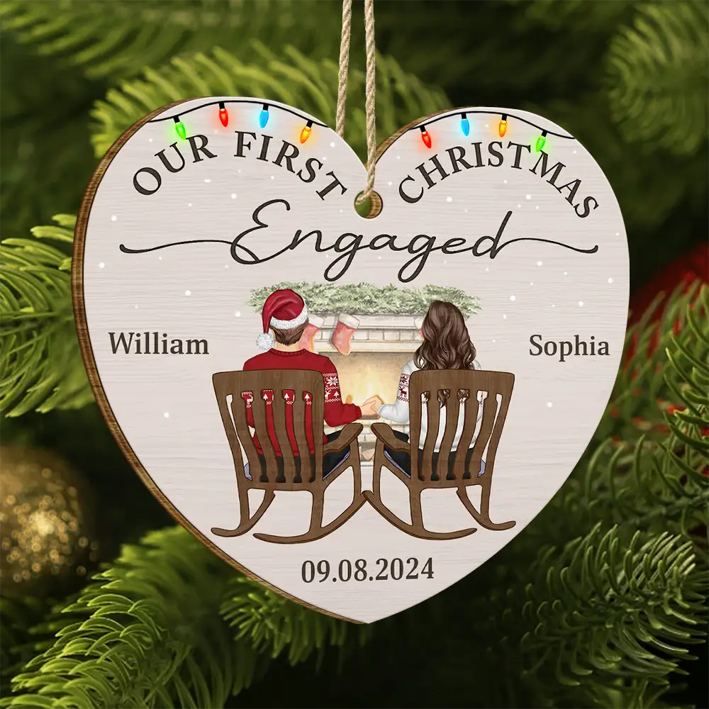 First Christmas Engaged Couples - Personalized Custom Shaped Wooden Ornament