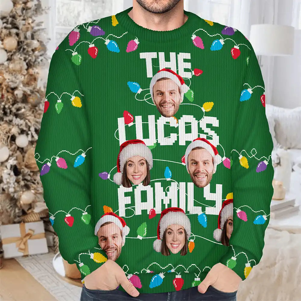 Custom Photo Christmas Light Family Name - Personalized Unisex Ugly Sweater