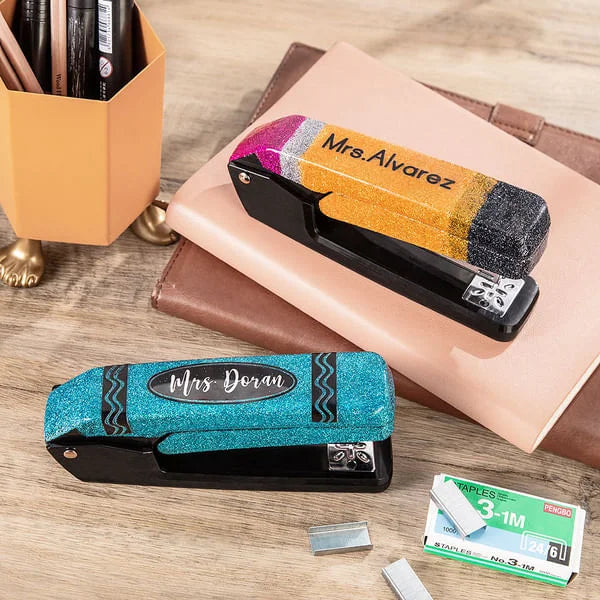 Personalised Glitter Stapler with Pencil and Crayon Design Rotatable Stapler Office Desk Accessory Graduation Back to School Gift for Teacher