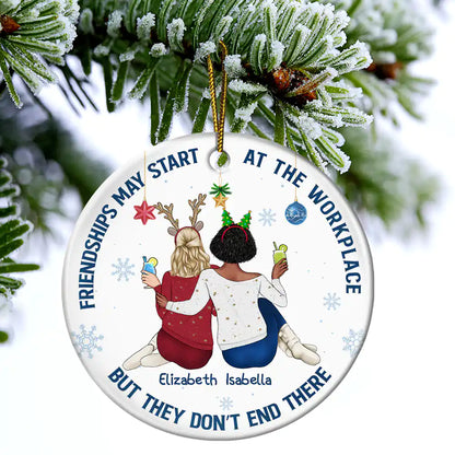 Friendships May Start At The Workplace Christmas Colleagues Backside - Personalized Circle Acrylic Ornament