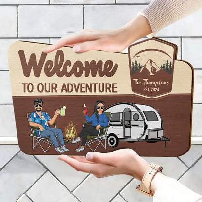 Camping Couple Welcome To Our Adventure - Personalized Custom Shaped Wood Sign