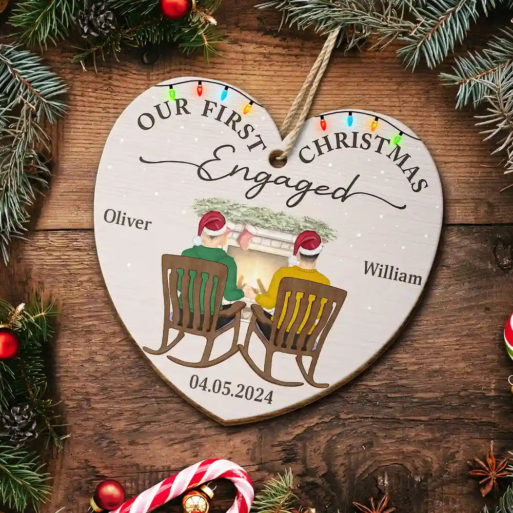 First Christmas Engaged Couples - Personalized Custom Shaped Wooden Ornament