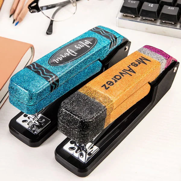 Personalised Glitter Stapler with Pencil and Crayon Design Rotatable Stapler Office Desk Accessory Graduation Back to School Gift for Teacher