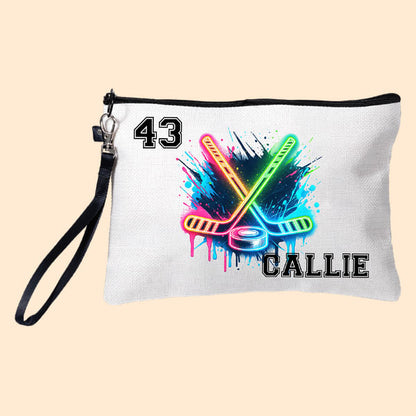 Personalised Neon Dynamic Hockey Design Linen Wristlet Makeup Bag with Name Birthday Sports Gift for Hockey Players Lovers