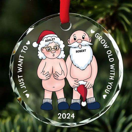 Funny Old Couple Personalized Circle Glass Ornament Christmas Gift for Him for Her