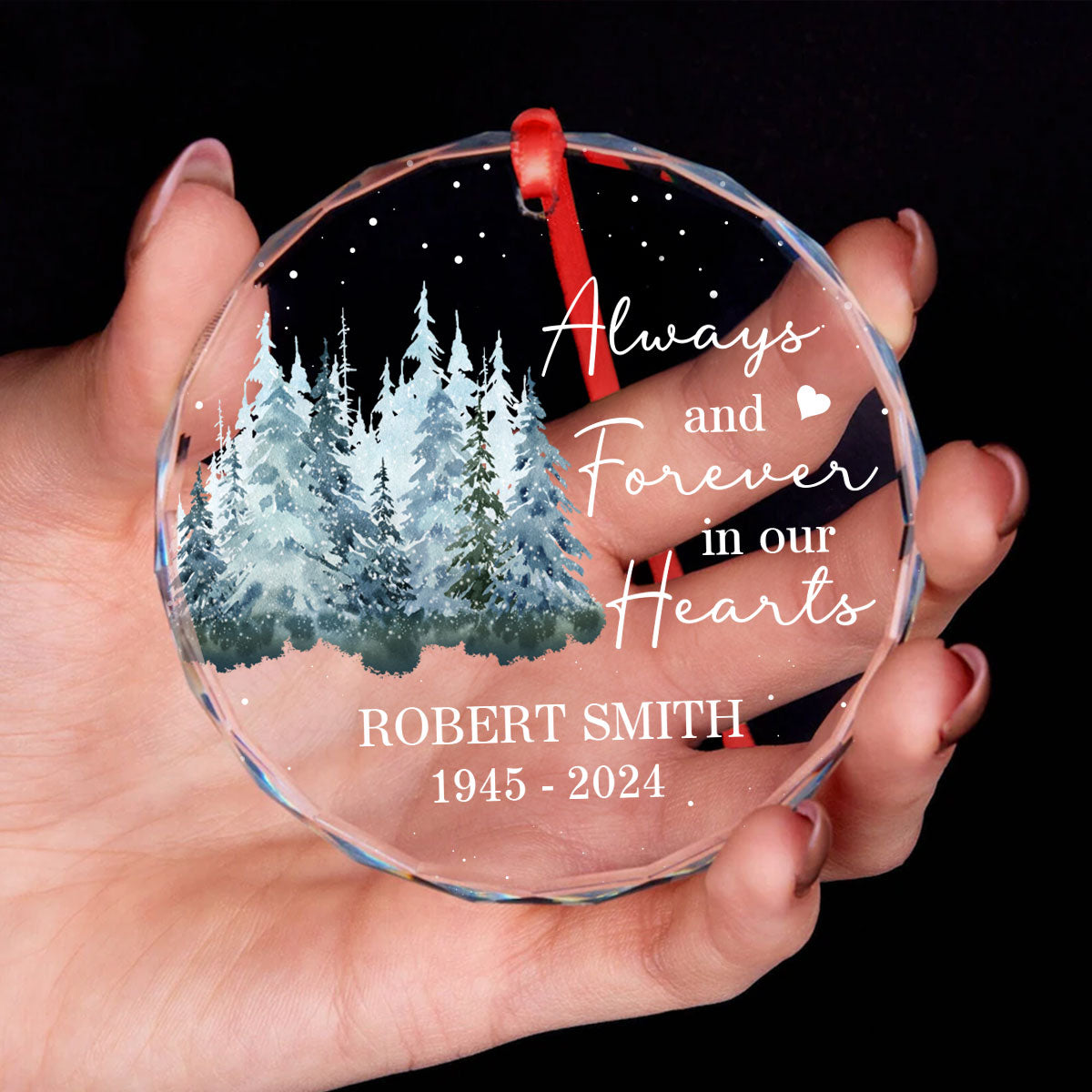 Always And Forever In Our Hearts Memorial Keepsake Personalized Glass Ornament