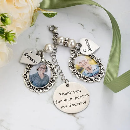 Personalised Lace Oval Photo Bouquet Charm with Heart Engraved Pendant Memorial Wedding Gift for Bride