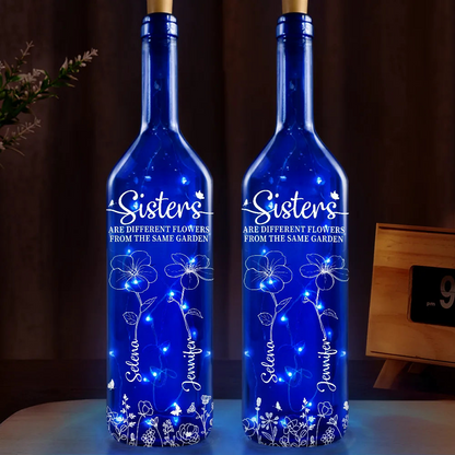Birth Flower Sisters Besties From The Same Garden - Personalized Blue Bottle Light