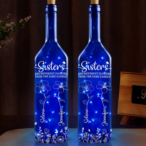 Birth Flower Sisters Besties From The Same Garden - Personalized Blue Bottle Light