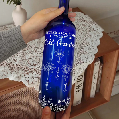 Birth Flower Sisters Besties From The Same Garden - Personalized Blue Bottle Light