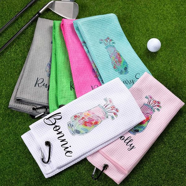 Personalised Colorful Golfing Clubs Golf Waffle Towel Absorb Sweat with Hanging Clip Name Birthday Gift for Golf Lovers