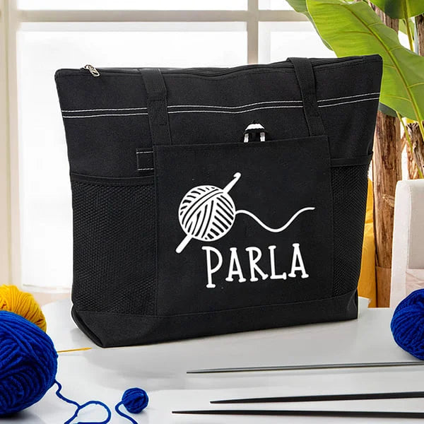 Personalised Knitted Design Large Mesh Tote Bag with Name Birthday Gift for Sewing Crocheting Lovers