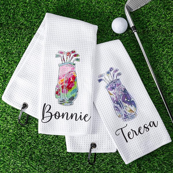 Personalised Colorful Golfing Clubs Golf Waffle Towel Absorb Sweat with Hanging Clip Name Birthday Gift for Golf Lovers