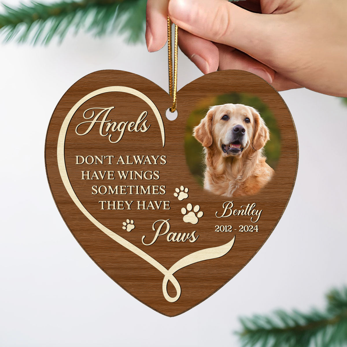 Angels Have Paws Dogs Cats Pet Memorial Personalized Wooden Ornament, Sympathy Gifts for Dog Loves Cat Lovers