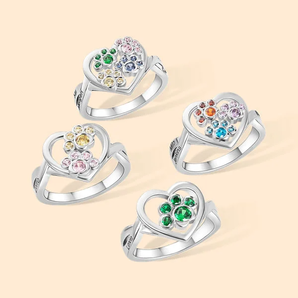 Personalized 1-4 Paw Heart Ring with Engraved Name and Birthstone Gift Birthday for Pet Lover