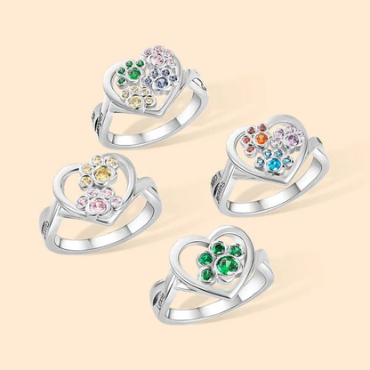 Personalized 1-4 Paw Heart Ring with Engraved Name and Birthstone Gift Birthday for Pet Lover