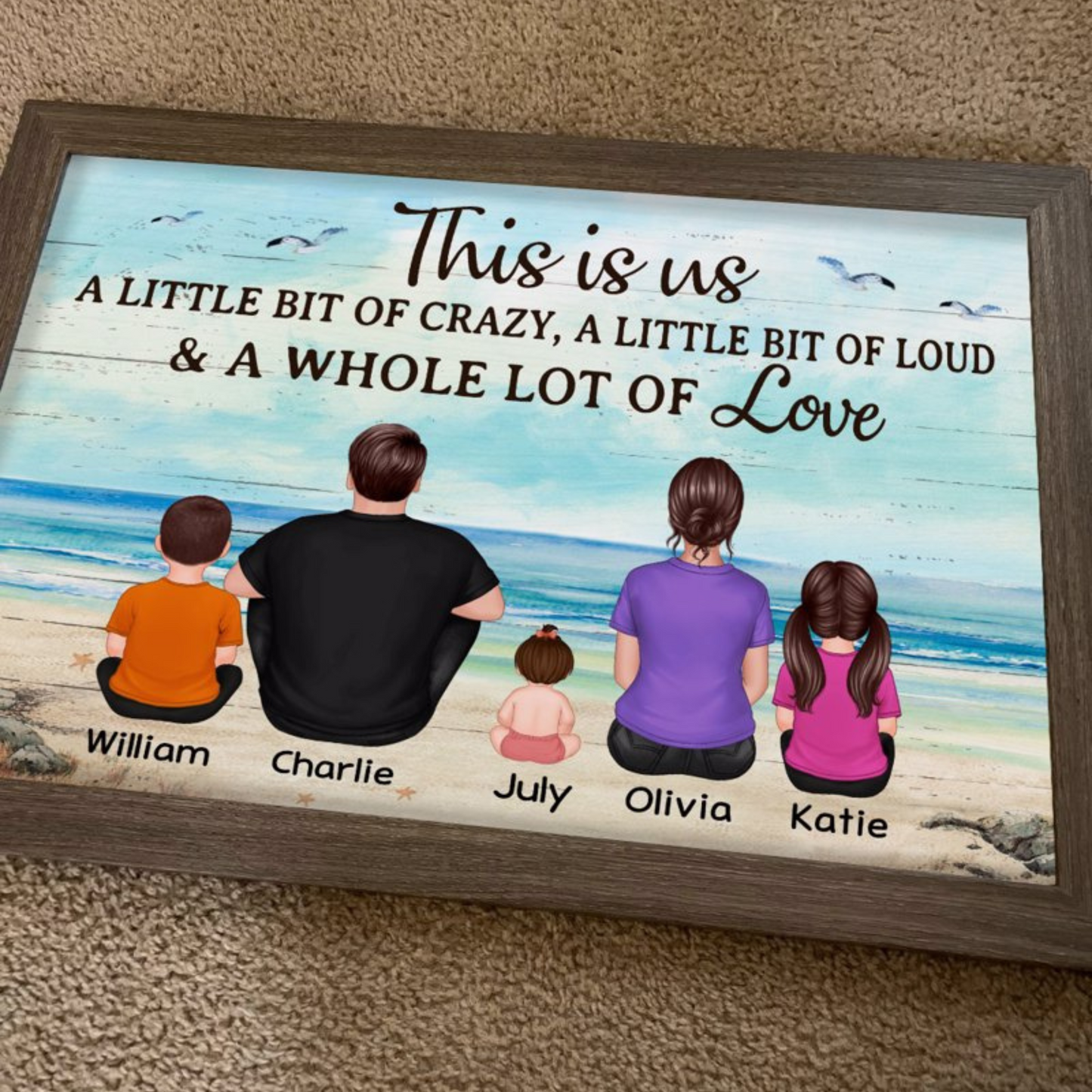 Back View Family Sitting Beach Landscape Personalized Horizontal Poster