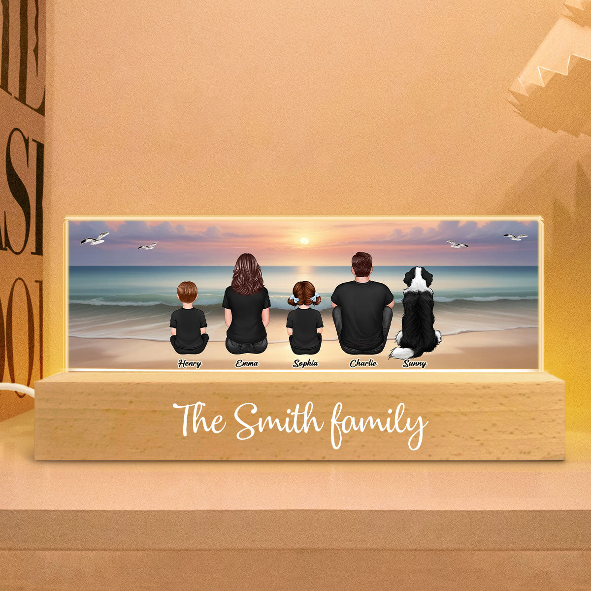 Realistic Beach Landscape Family Sitting Personalized Acrylic Block LED Night Light