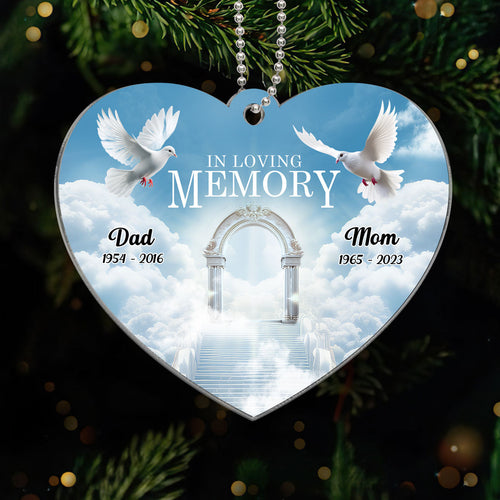 White Doves In Loving Memory Personalized Heart Shaped Acrylic Ornament
