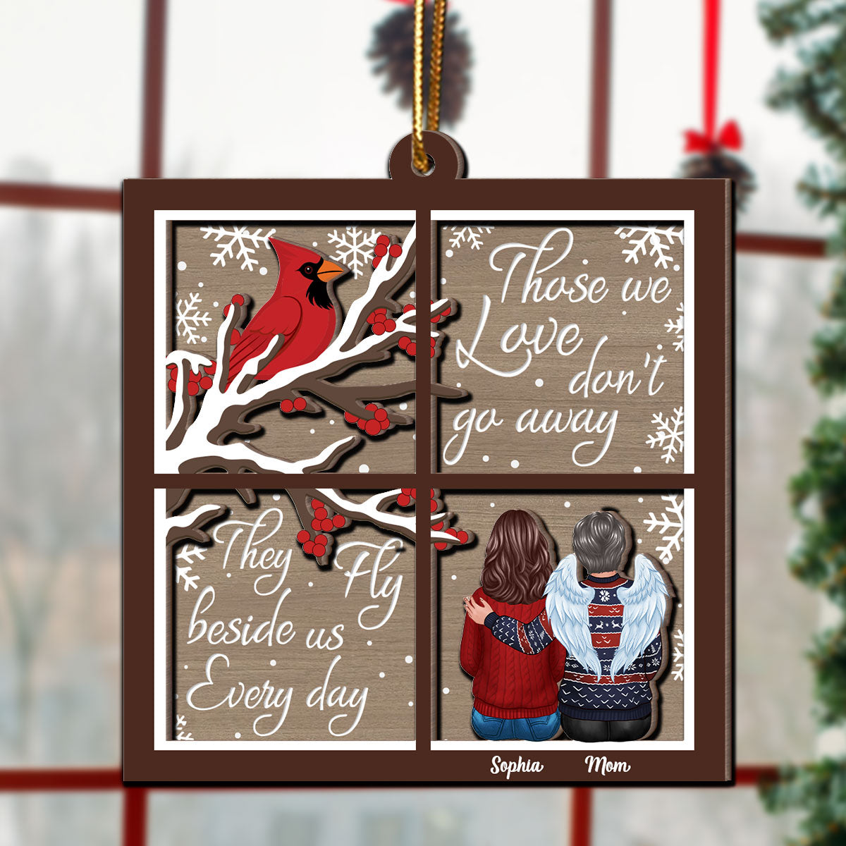 Cardinal Always With You Memorial Christmas Window Shaped Personalized 2-Layer Wooden Ornament, Sympathy Gift