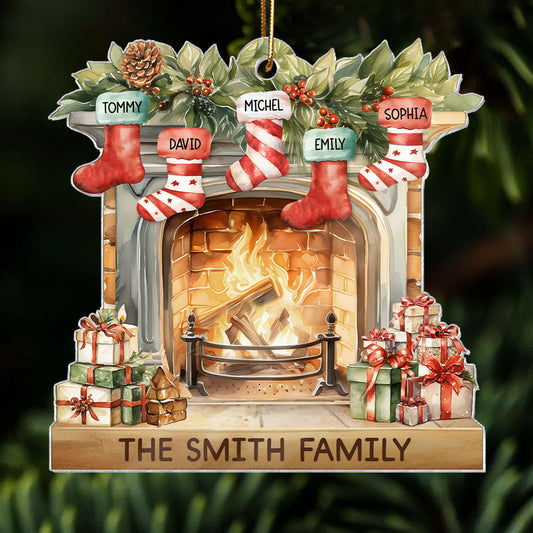 Vintage Christmas Stockings Fireplace Family Names Personalized Acrylic Ornament, Christmas Gift For Family