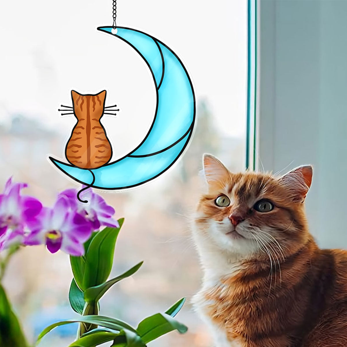 Sleeping Cat On Moon Handcrafted Suncatchers, Cat Decoration, Cat Memorial Gifts Personalized Acrylic Windows Hangings