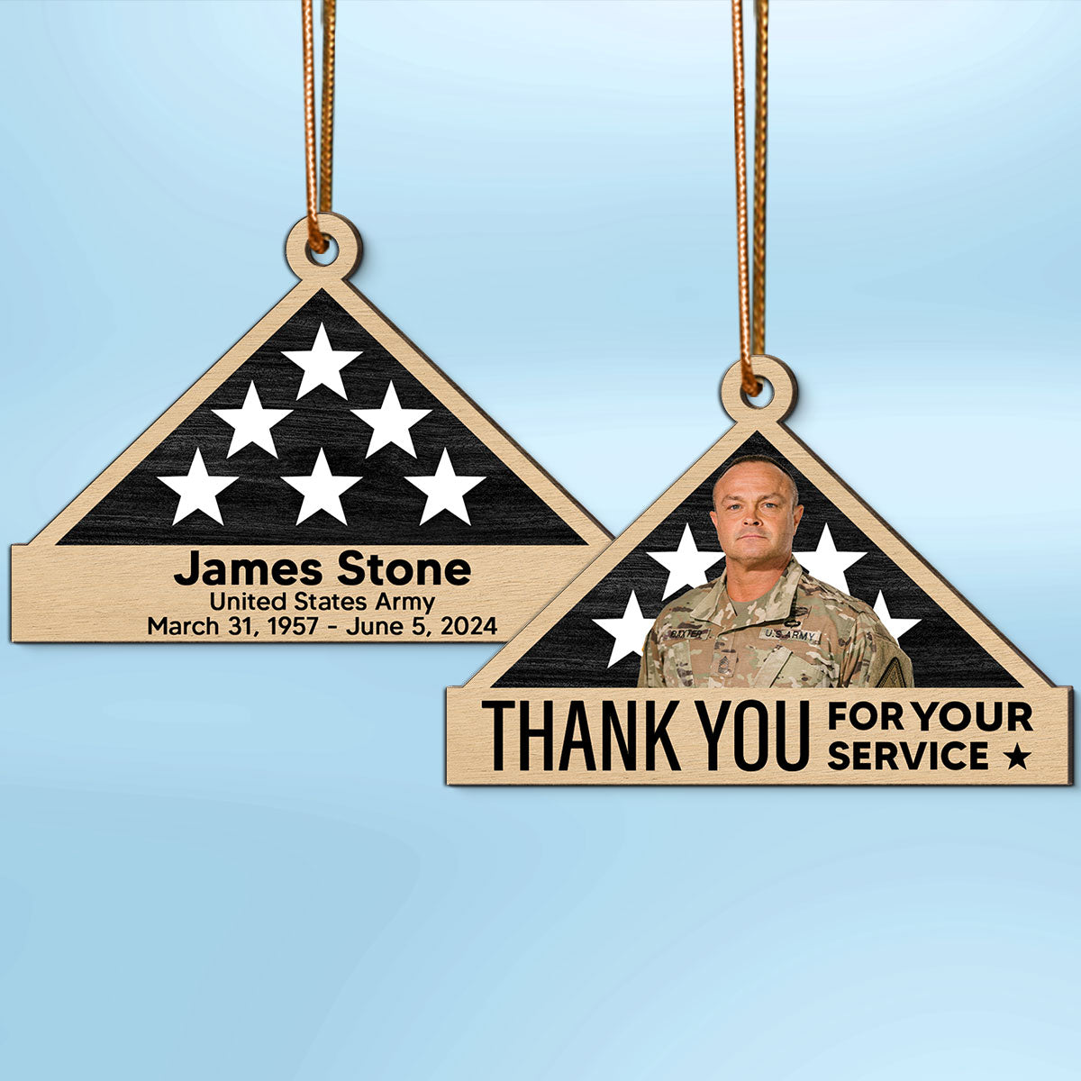 Memorial Honor Sympathy Gift Folded Flag Photo Inserted Personalized Double-Sided Wooden Ornament
