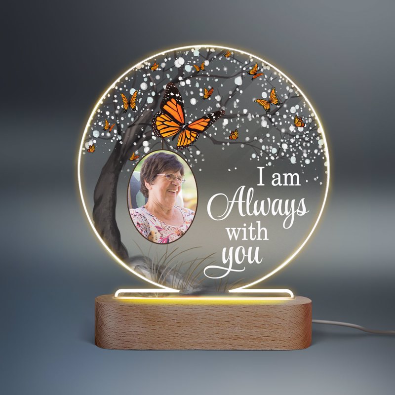 Butterfly Always With You Blossom Tree Family Memorial Photo Personalized Circle Acrylic Plaque LED Lamp Night Light