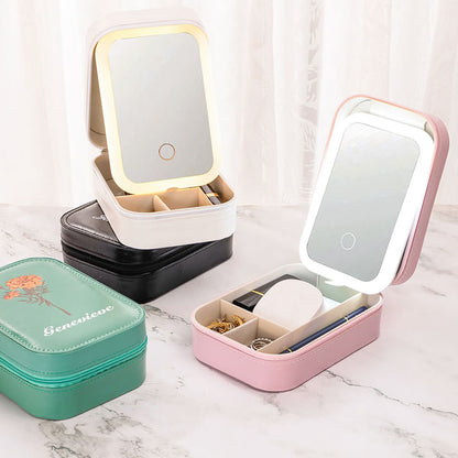 Personalised Birth Flower Portable Leather Travel Jewellery Box with Name and LED Three-color Adjustable Makeup Mirror Birthday Gift for Women