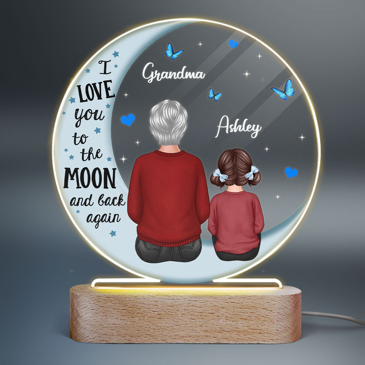 Grandma Grandkids Blue Moon Personalized Circle Plaque LED Night Light, Gift For Grandma