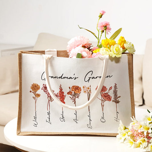 Personalised Large Capacity 1-20 Birth Flowers Garden Jute Tote Bag with Names Birthday Mother's Day Gift for Woman