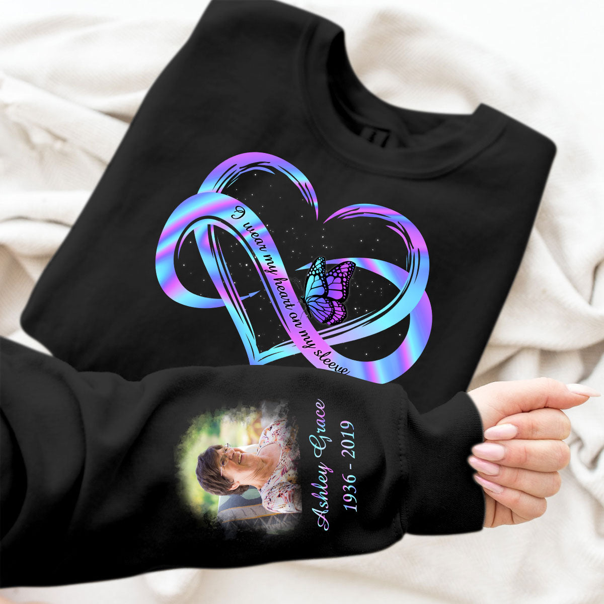 I Wear My Heart On My Sleeve Memorial, Sympathy Gift, Personalized Sleeve Printed Sweatshirt