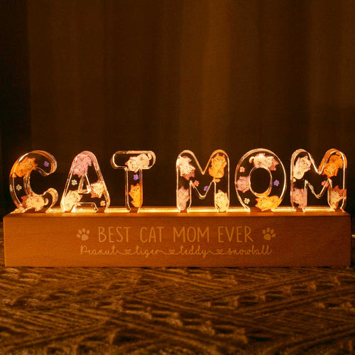 Cute Cat Mom Personalized LED Night Light, Gift For Cat Mom
