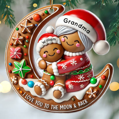 3D Effect Gingerbread Grandma Hugging Grandkid On Moon Christmas Personalized Acrylic Ornament, Gift For Granddaughter, Grandson