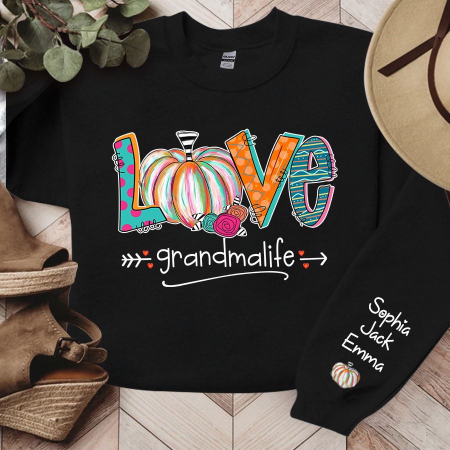 Love Grandma Life Pumpkins Grandkids Name Sweatshirt