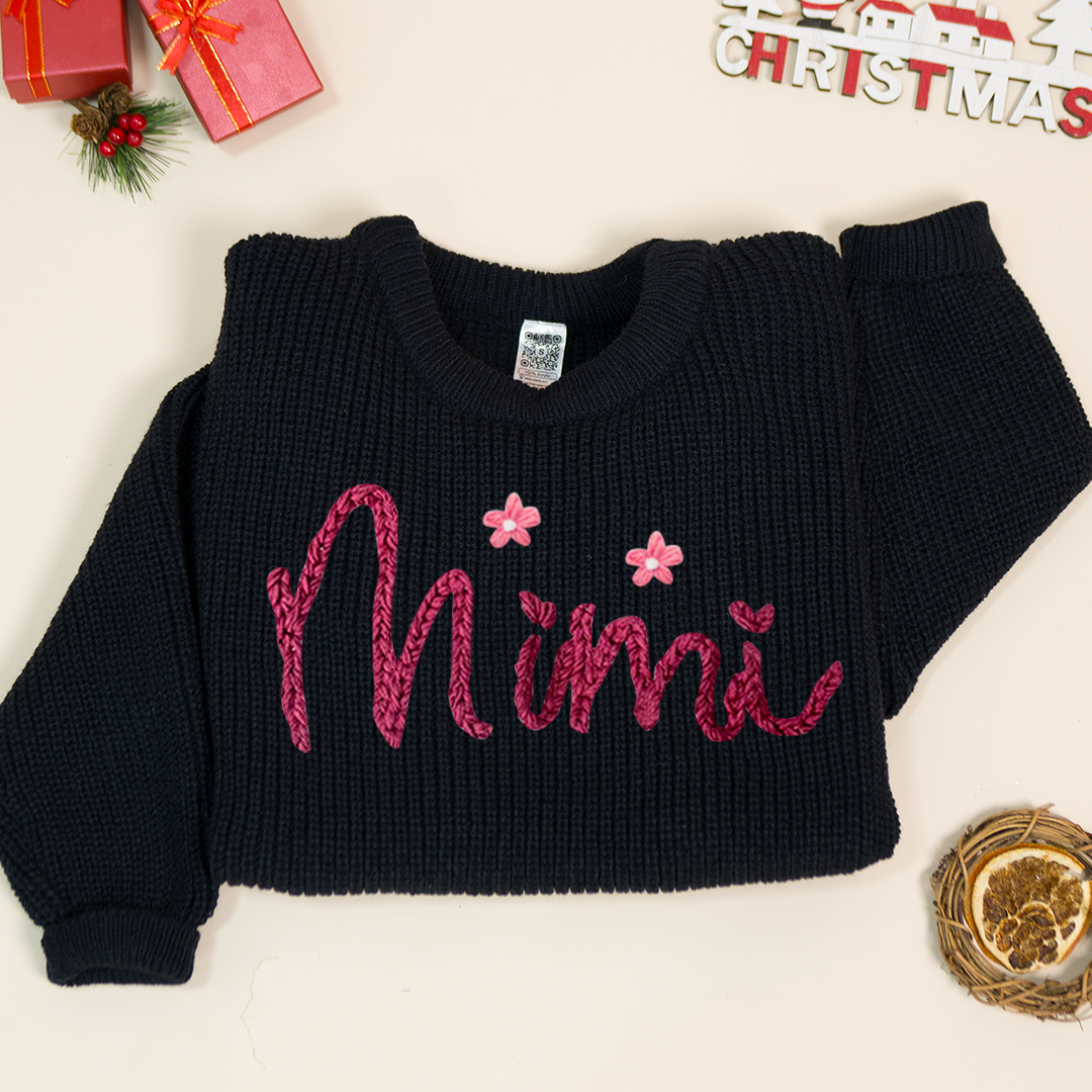 Custom Hand-Embroidered Knitted Sweater - Personalized Name Sweater for Grandma, Mimi, or Nana - Soft and Cozy Gift for Grandparents