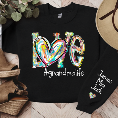 Love Grandma Life Color Clipart Custom Sweatshirt, Custom Grandmalife With Kids Names On Sleeve Sweatshirt