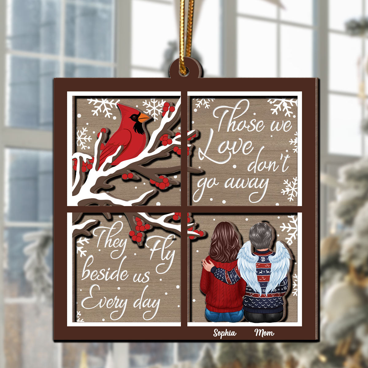 Cardinal Always With You Memorial Christmas Window Shaped Personalized 2-Layer Wooden Ornament, Sympathy Gift