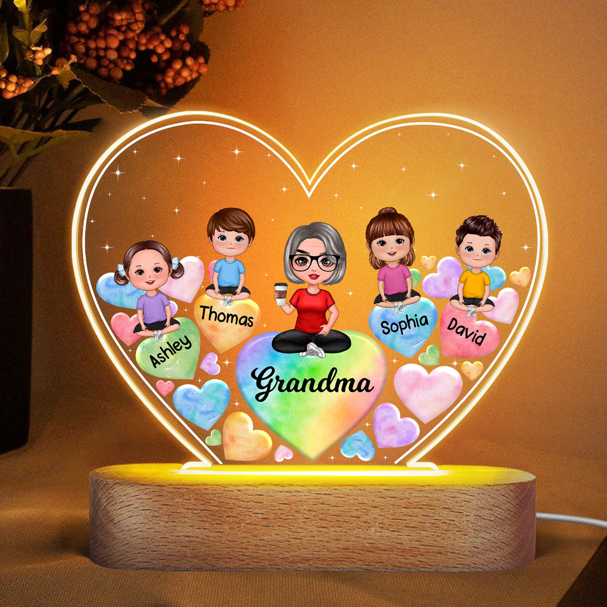 Grandma Grandkids Hearts In Heart Personalized Heart Acrylic LED Night Light
