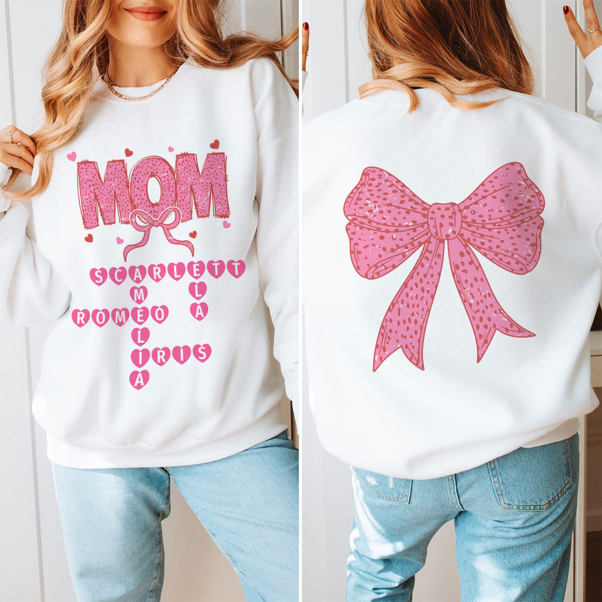 Grandma Nana Mimi Pink Coquette Crossword Puzzle  Gift Personalized Double Sided Sweatshirt