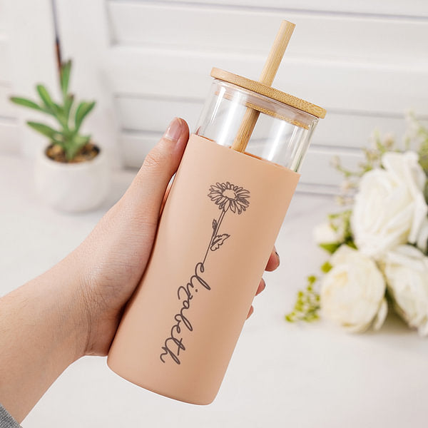 Personalised Birth Flower Name 17oz Glass Tumbler with Silicone Sleeve Engraved Bamboo Lid and Straw Birthday Gift for Her