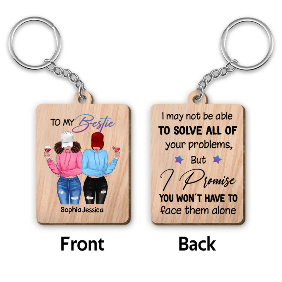 Front View Besties To My Bestie Personalized Wooden Keychain