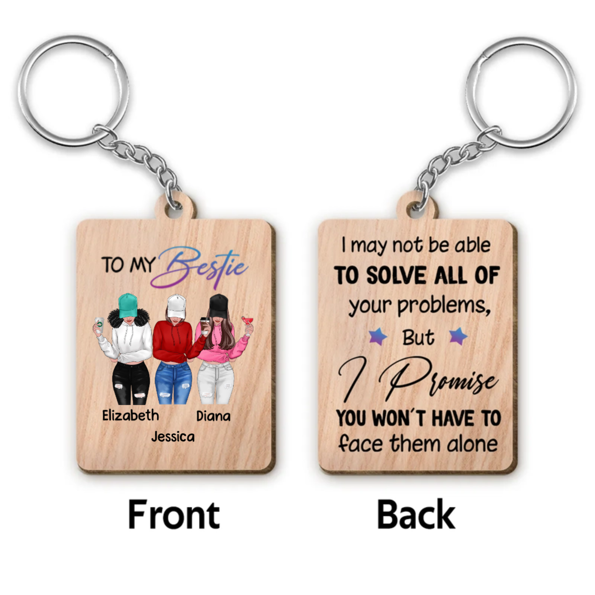 Front View Besties To My Bestie Personalized Wooden Keychain