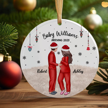 Personalized Pregnancy Ornament, Expecting Family Christmas Personalized Circle Ceramic Ornament, New Mom Christmas Gift