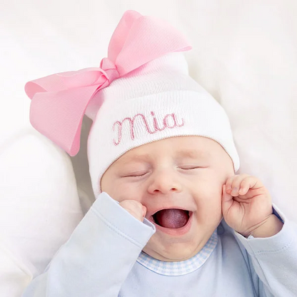 Personalised Pink Bow Girl Baby Hospital Knit Hat with Embroidered Name Soft Head Accessory Baby Shower Gift for Newborn