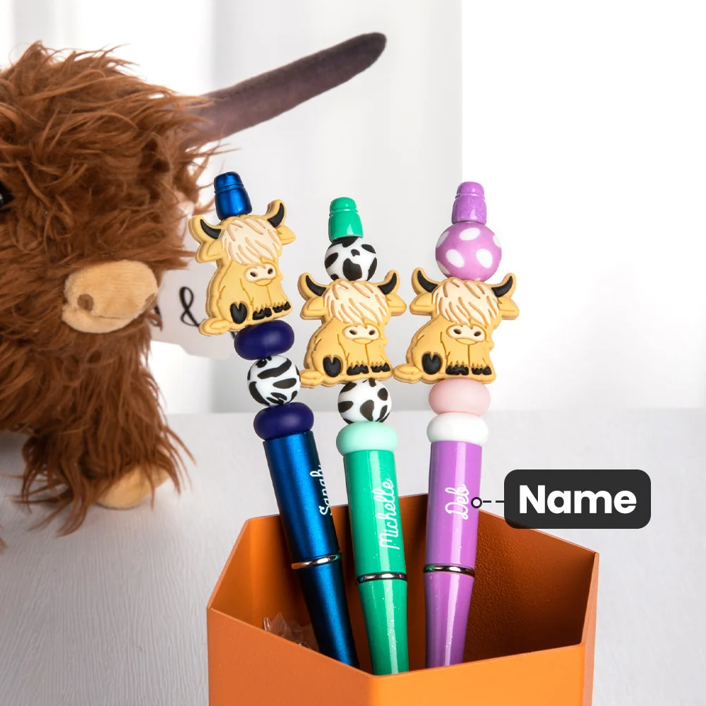 Personalised Highland Cow Print Ballpoint Pen Stationery with Name and Silcone Bead Birthday Gift for Highland Cow Lover