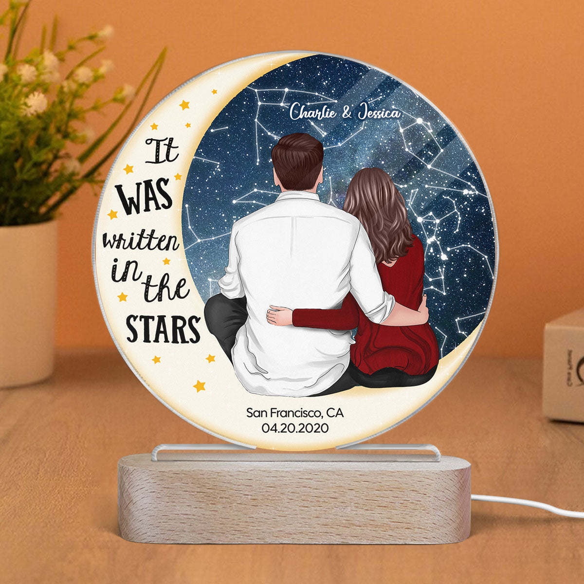 Love You To The Moon Couple Sitting On Moon Personalized Star Map Circle Acrylic Plaque With LED Night Light, Heartfelt Anniversary Gift For Her, For Him