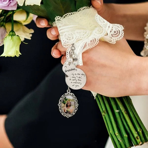 Personalised Lace Oval Photo Bouquet Charm with Heart Engraved Pendant Memorial Wedding Gift for Bride